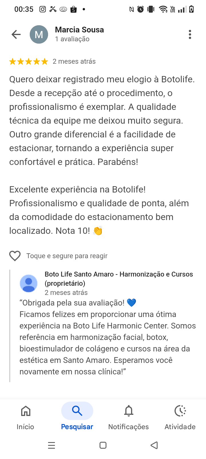 Avaliação Google 2 — Boto Life Harmonic Center